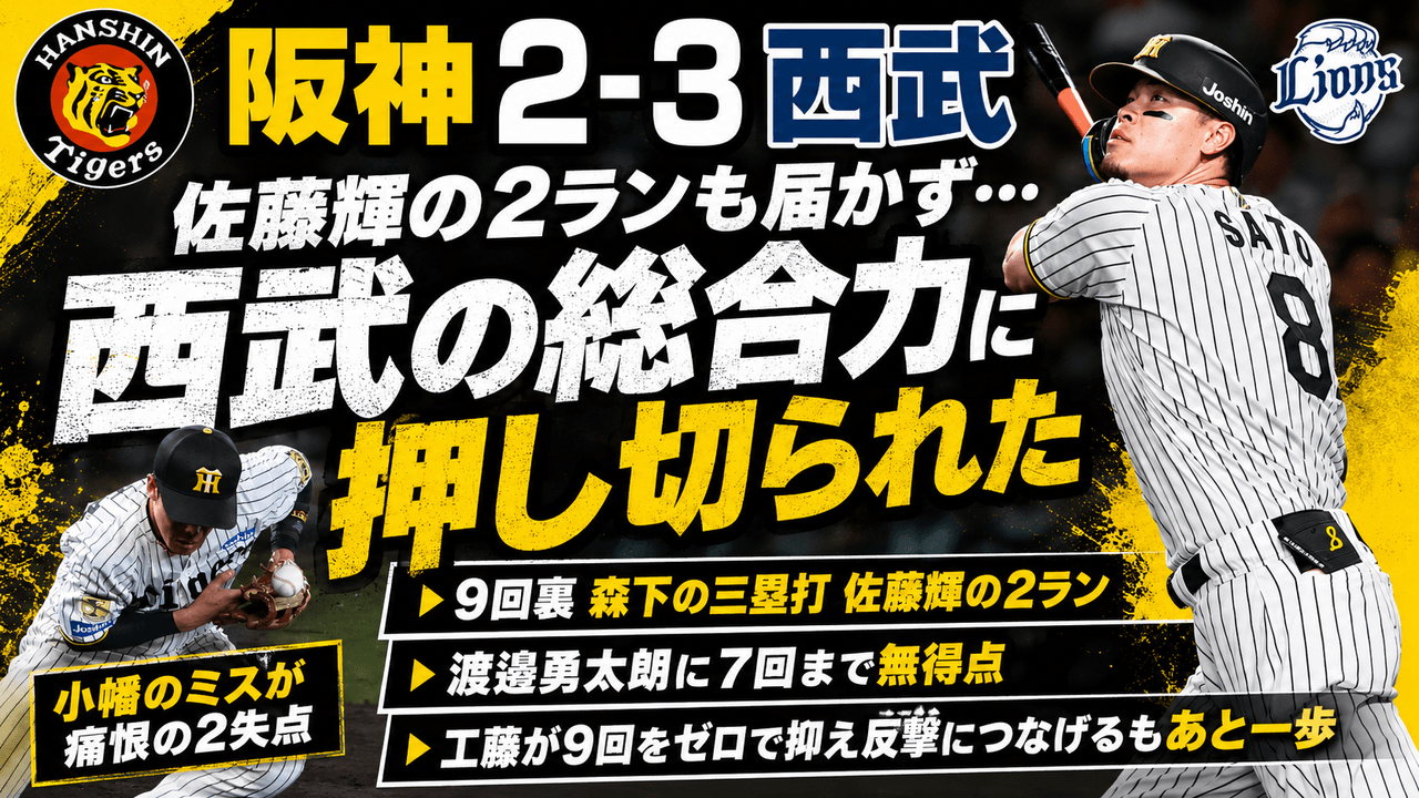 阪神2-3西武 6/3 渡邉勇太朗7回112球無失点 ネビン先制ソロ 7回小幡悪送球 9回森下三塁打→佐藤輝2ラン 工藤泰成160.8km/h
