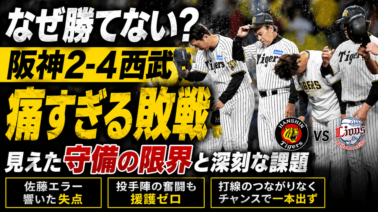 阪神2-4西武 6/4 平良海馬7回101球1失点 佐藤輝明ライト守備2失策 連敗 工藤泰成最速161.6km/h