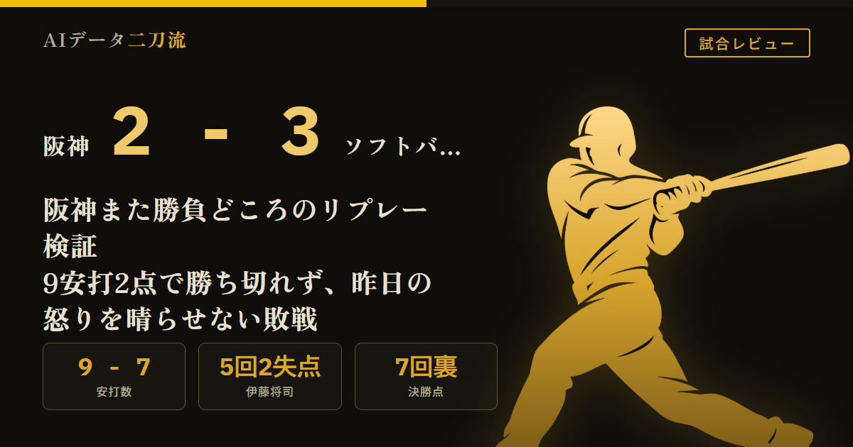 阪神2-3ソフトバンク 6/11 9安打2点 伊藤将司5回2失点7K四球0 大山先制弾と7回満塁三振 前川同点打 7回裏牧原タイムリー 本塁クロスプレーのリプレー検証