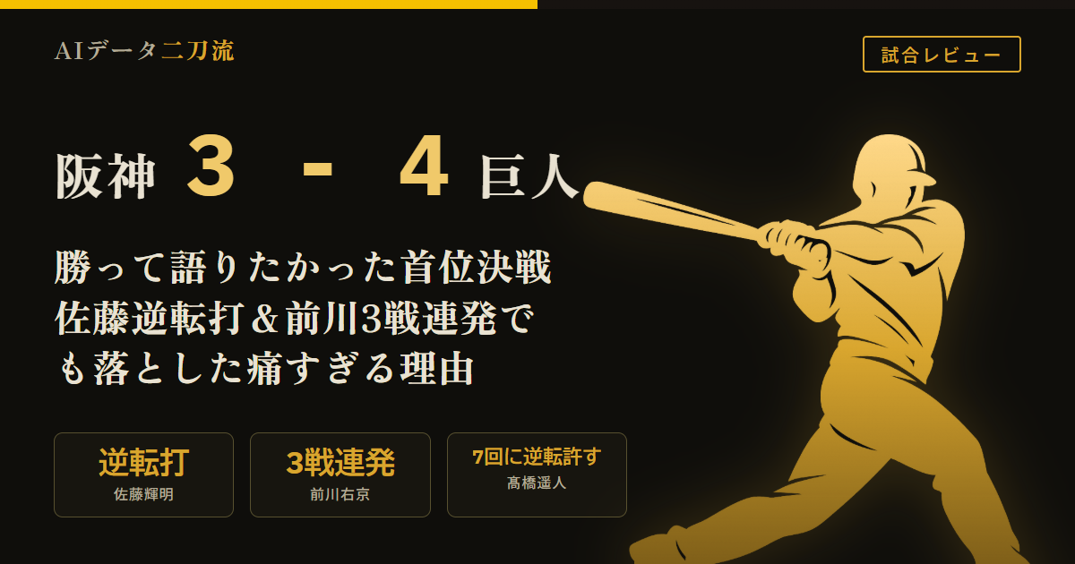 阪神3-4巨人 7/7 首位決戦逆転負け 佐藤輝明逆転打 前川右京3試合連続ホームラン 髙橋遥人7回に逆転許す 梅野のリード 知念大成初打席 坂本勇人走者一掃タイムリー